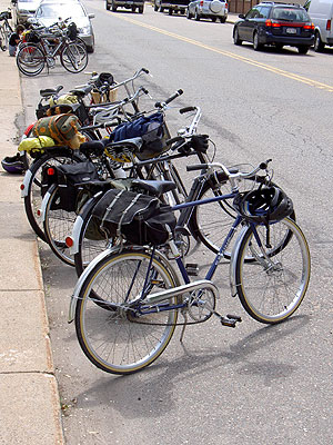 Line of bikes parked along curb in Maiden Rock