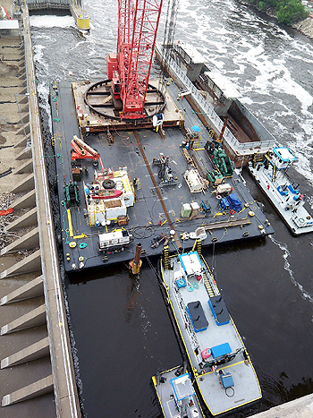 The barge deck with the crane base