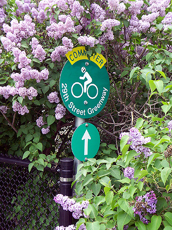 Greenway entrance sign in late May