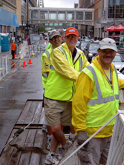 Some of the fencing crew in downtown Minneapolis in the rain