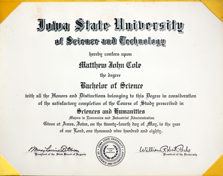 Matt's Bachelor of Science degree from Iowa State University, May 1980