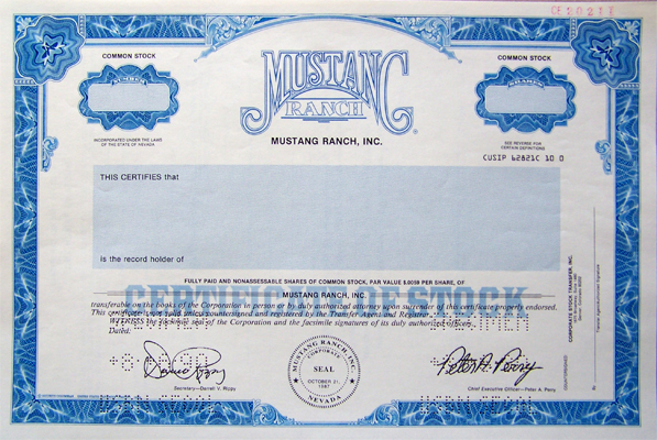 Mustang Ranch, Inc. stock certificate